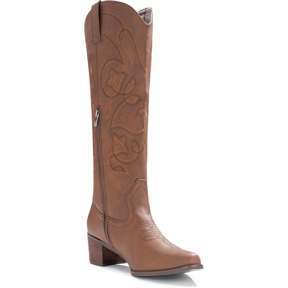 Women's Brown Pointy Toe Faux Leather Western Cowgirl Mid Calf Boots - Picture 3 of 6